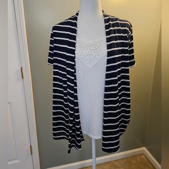 Kim Rogers Tops - Kim Rogers Women's Size PXL Navy and White Striped Cardigan with Shirt New